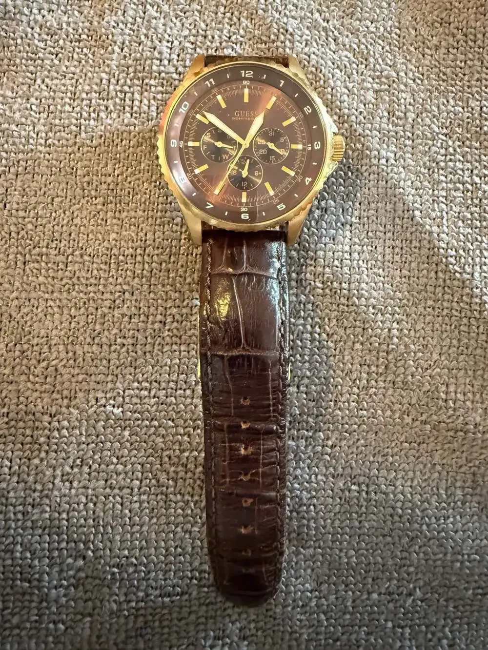 Guess Gold-Tone Brown Multifunction Chronograph Watch with Leather Strap